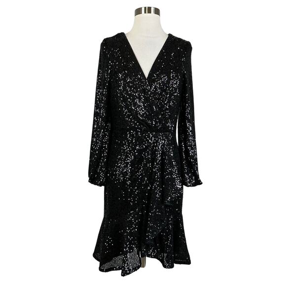 Eliza J Sequined Long Sleeve Fit and Flare Cocktail Dress Sparkly Black Size 6 - Picture 2 of 13